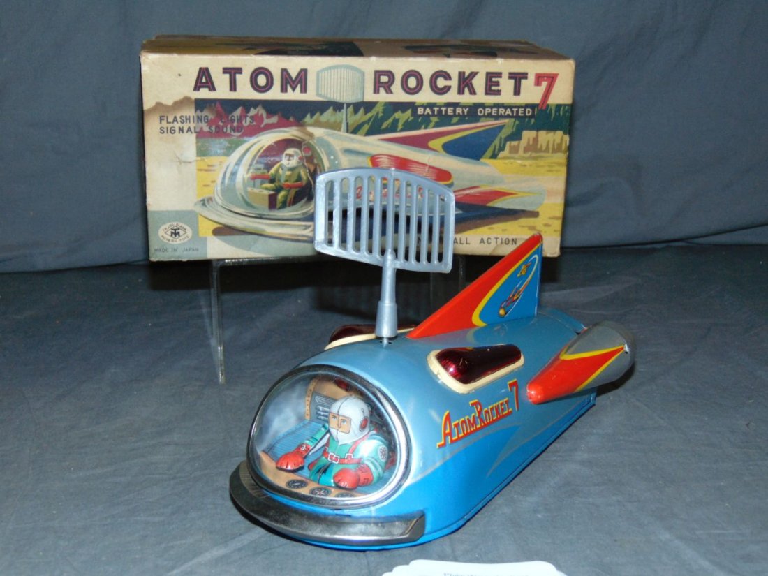 Boxed Tin Litho Atom Rocket 7 Space Toy Japan (1 of 9)