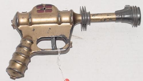 1936 Daisy Buck Rogers Atomic Pistol: Lot consists of a Scarce, c-1936, Daisy Mfg., Buck Rogers, Atomic Pistol, Pressed Steel Pistol. Gun is sparking action, space gun type, is approx. 10-1/4 inches long, and appears to be complete. When