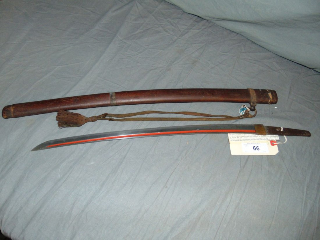 Bizen Katana.: 20 1/2" blade. 17th century. Blade is in red laquered scabbard.