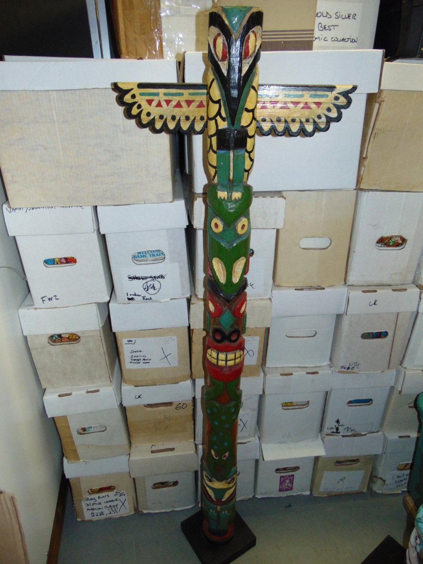 Totem Pole.: 58 1/2" tall 18" Wing Span Painted Totem Pole.