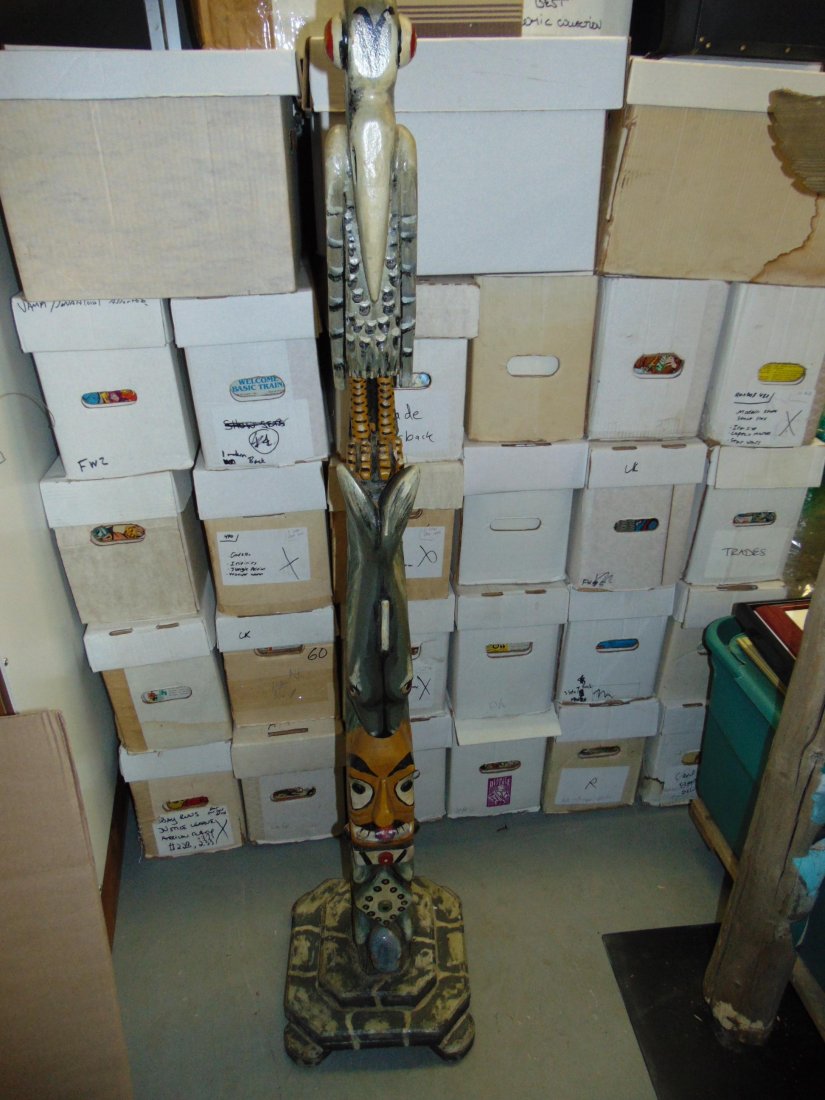 Totem Pole.: 57 1/2" tall Wood Carved Painted Totem Pole. Missing wing portion.