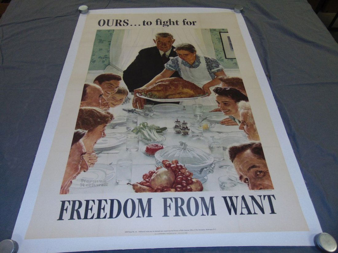 WW2 Norman Rockwell Freedom From Want Poster: OWI Poster #45. "Ours to Fight For". Original fold lines. Approx. 28.5" x 40". Linen backed.