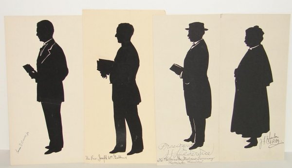 4 AUTOGRAPHED SILHOUETTES BEATRIX SHERMAN: LOT OF 4 ORIGINAL AUTOGRAPHED FULL LENGTH SILHOUETTES CUT BY BEATRIX SHERMAN, ONE THE GREATEST ARTISTS AT CUTTING SILHOUETTES. INCLUDES REVEREND JOSEPH WILLIAM GUBBINS, LAMAN H. BURNER JR., J.F. HANLO