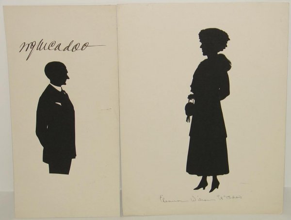 2 ORIGINAL SILHOUETTES BEATRIX SHERMAN: LOT CONSISTS OF TWO ORIGINAL AUTOGRAPHED FULL LENGTH SILHOUETTES BY BEATRIX SHERMAN, ONE THE GREATEST ARTISTS AT CUTTING SILHOUETTES. INCLUDES "WILLIAM GIBBS MCADOO", AND HIS WIFE ELEANOR WILSON. GIBB