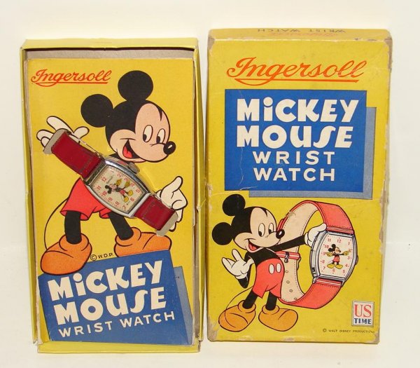 INGERSOLL. MICKEY MOUSE WATCH: ORIGINAL BOX. US TIME WATCH WITH RED LEATHER BAND.