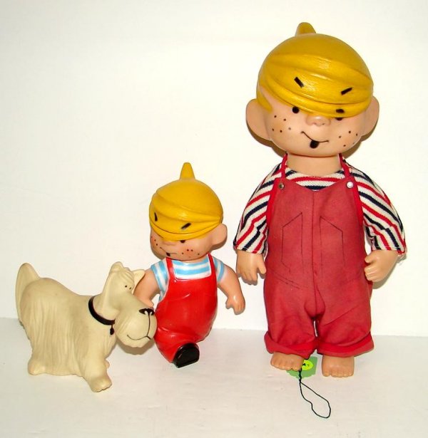 DENNIS THE MENACE VINYL DOLLS: INCLUDES 2 DENNIS THE MENANCE, AND RUFF THE DOG.