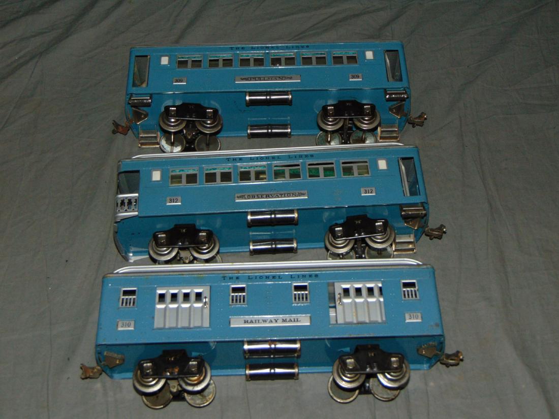 Lionel Lot of 3 Std Gauge Passenger Cars: 3 pieces. Includes 310 blue baggage, 309 blue pullman, and 312 blue observation.