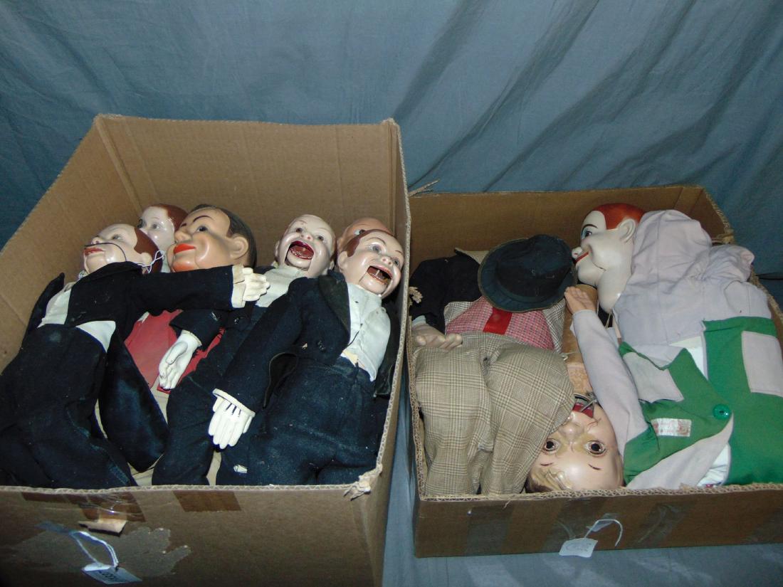 Two Large Boxes of Marionettes: Paul Winchell, Jerry Mahoney, etc. Many pieces. Examine