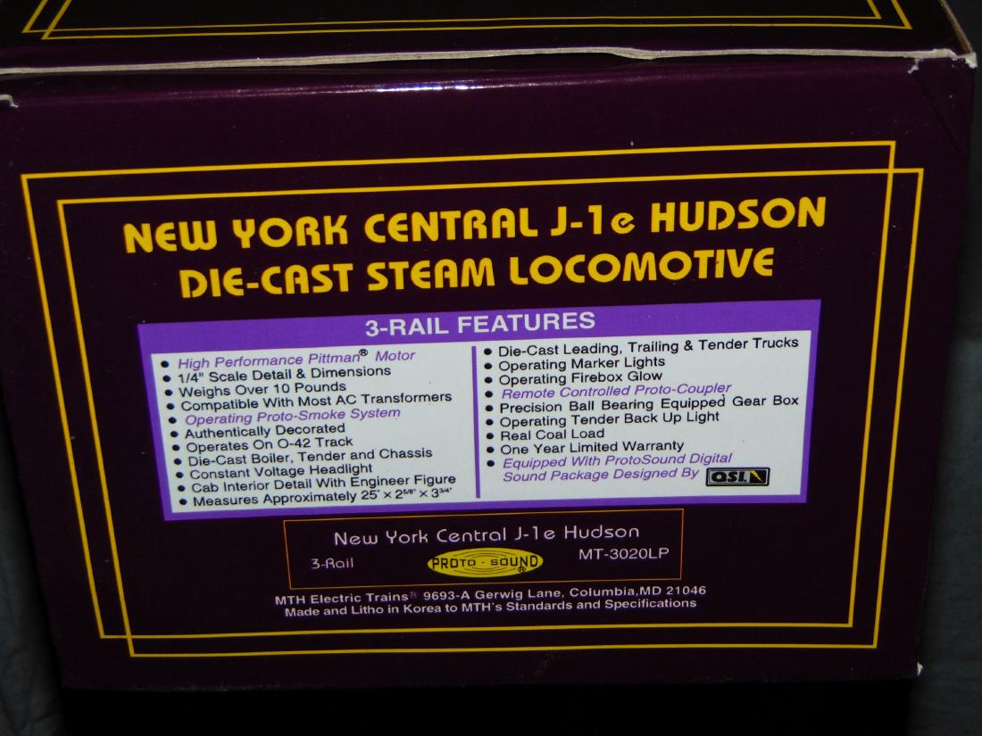 MTH 3020LP New York Central J-1E Hudson: New York Central J-1E Hudson Steam Locomotive with Proto Sound. Catalog # MT-3020LP. Comes in the original box, and original shipping box. Untested.