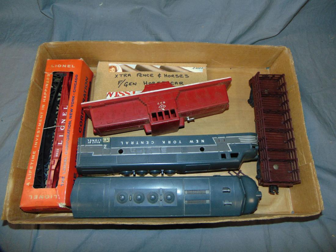 Lot of Lionel Diesel Locomotive Shells: 5 pieces. Includes 627 Lehigh Valley Center Cab, (2) 2344 NYC F-3 Diesel, 1877 Horse Car and Horses, and Flat Car with Trestle Bridge (boxed)