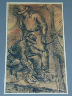 Minna Citron Signed, Pen & Ink, 1945: Lot consists of an original pen and ink by Minna Wright Citron. Depicts 2 men working. Signed along the left edge and dated 1945. Sight seen approx. 10" x 17".