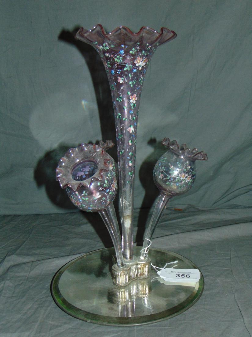 Bohemian Glass Epergne.: 15" tall Floral Pattern.