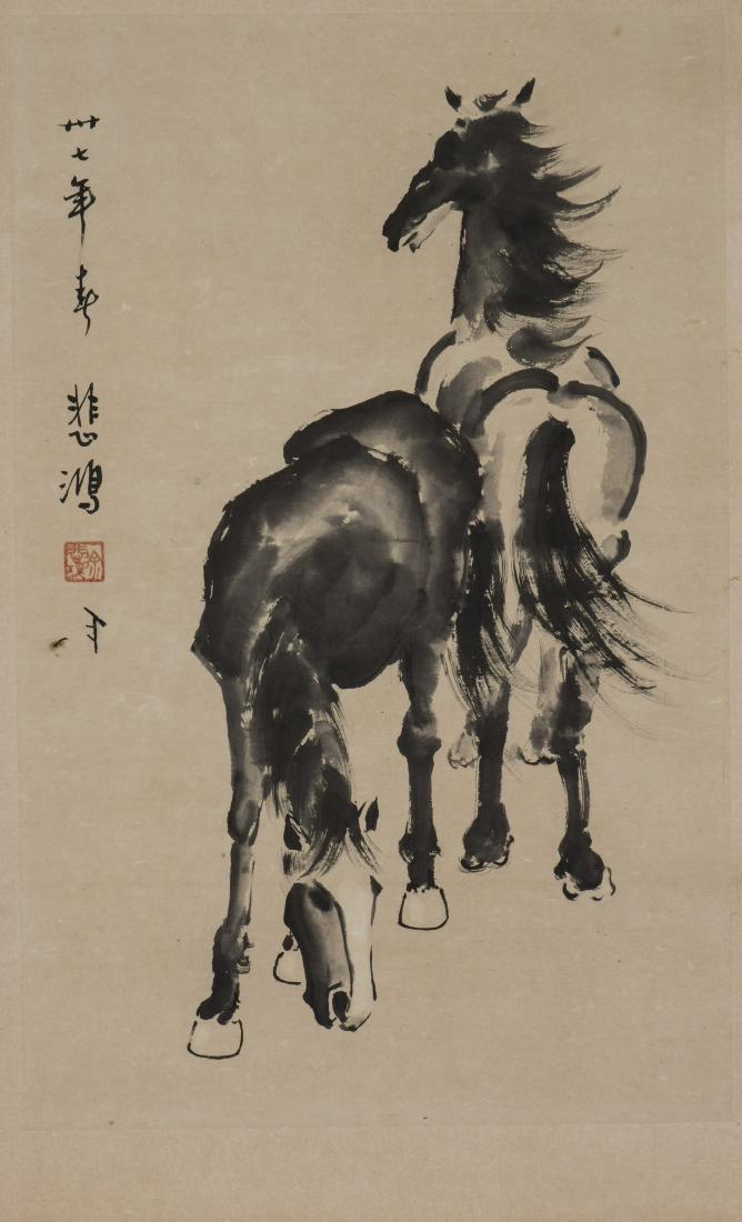 XU BEIHONG (ATTRIBUTED TO, 1895-1953), TWO HORSES: Ink on paper. Mounted. 28.5 x 18 in. (72.4 x 45.7 cm.)