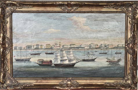 YANG FAN, OIL PAINTING: Sailing ships, framed. Height 16" Width 28"