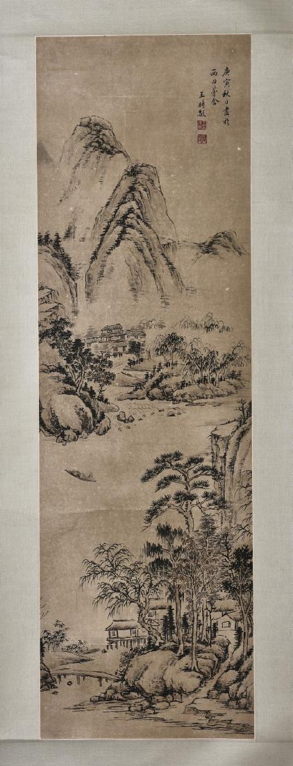 WANG SHIMIN, LANDSCAPE: Ink and color on paper, framed. Height 41" Width 12.5"