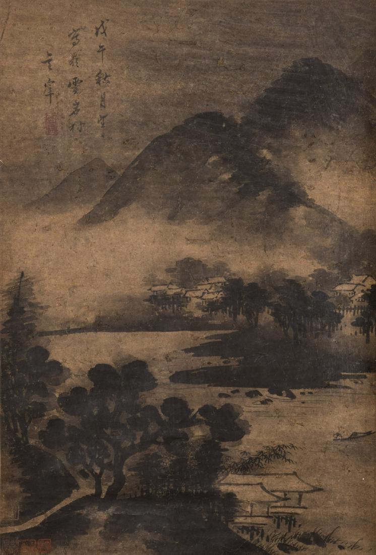DONG QICHANG (1555-1636), SAILING IN THE RAIN: Ink on paper, hanging scroll. Height 25.5" Width 17"
