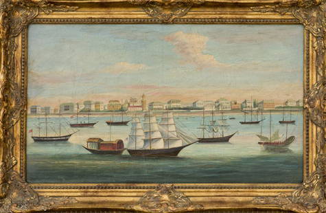 YANG FAN, OIL PAINTING: Sailing ships, framed. 41 x 71 cm.