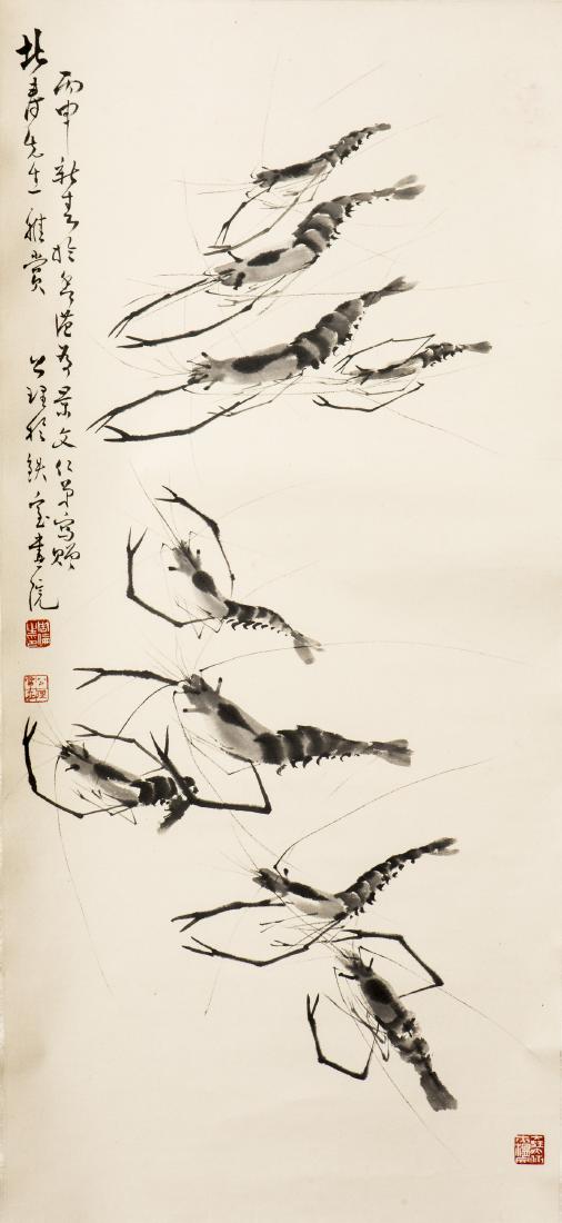 ZHOU GONGLI (1903-1989), SHRIMP: Ink on paper. Hanging scroll. 94 x 43.2 cm. PROVENANCE: Formerly owned by Huang Beishou. He was the cousin of Huang Junbi.