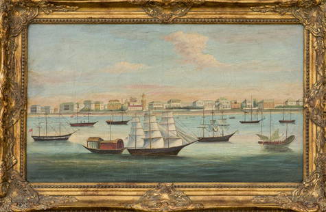 YANG FAN, CHINESE OIL PAINTING: Sailing ships, framed. 41 x 71 cm