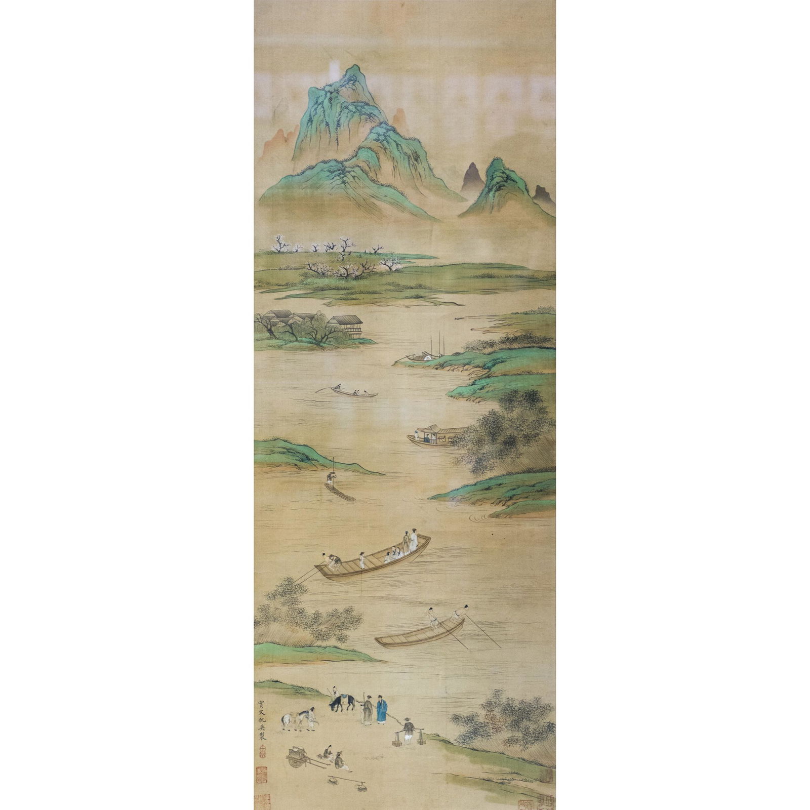 QIU YING (ATTRIBUTED TO, 1494-1552), LANDSCAPE: Ink and color on paper, hanging scroll in frame. 107.5x39.5cm
