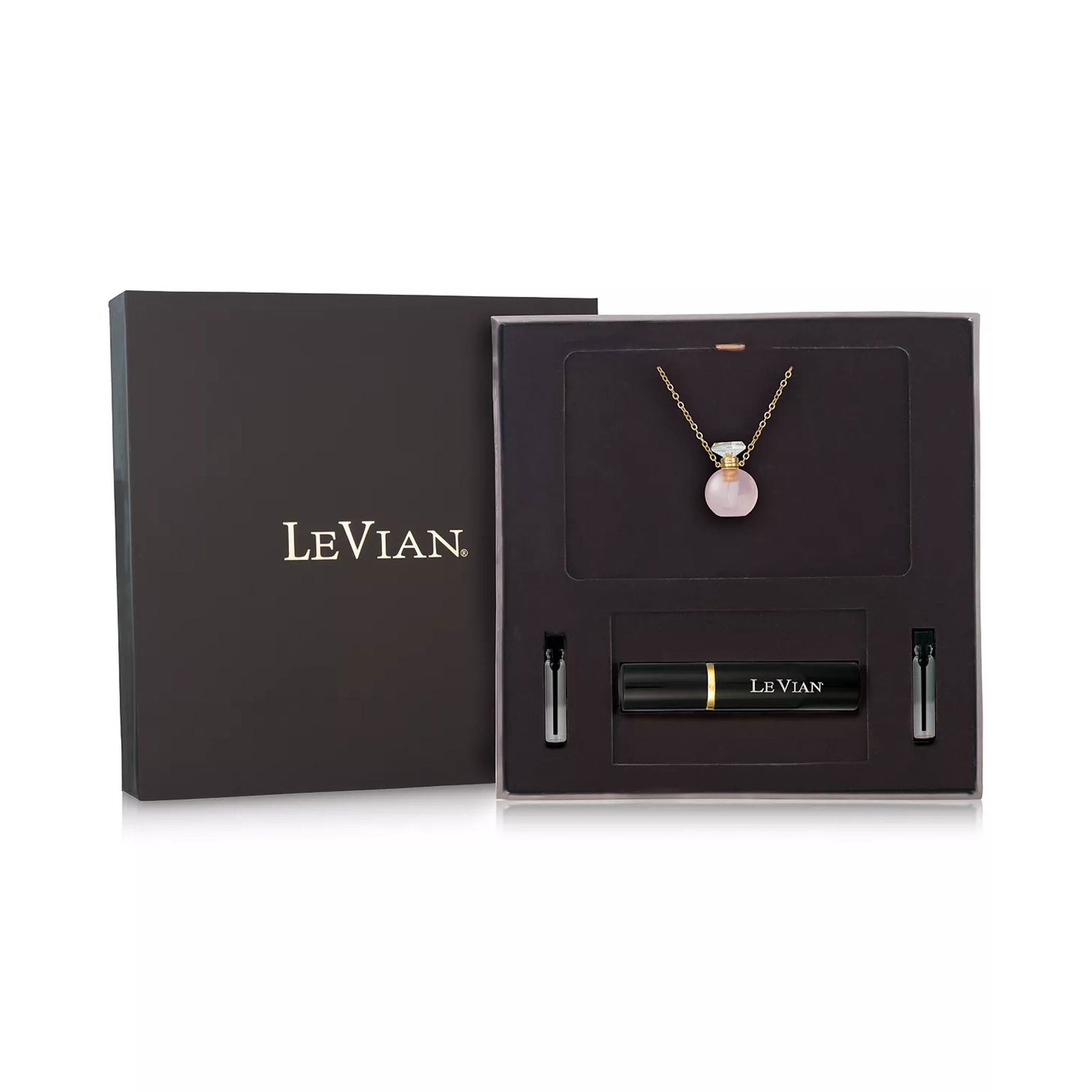 LE VIAN, ROSE QUARTZ PERFUME JEWELRY BOX SET: le vian, rose quartz perfume jewelry box set, pink stone pendant with necklace, and three bottles. L53cm, L2x1.5cm(pendant), L8X1.5cm(bottle big x 1), L4x1cm(bottle small x 2)