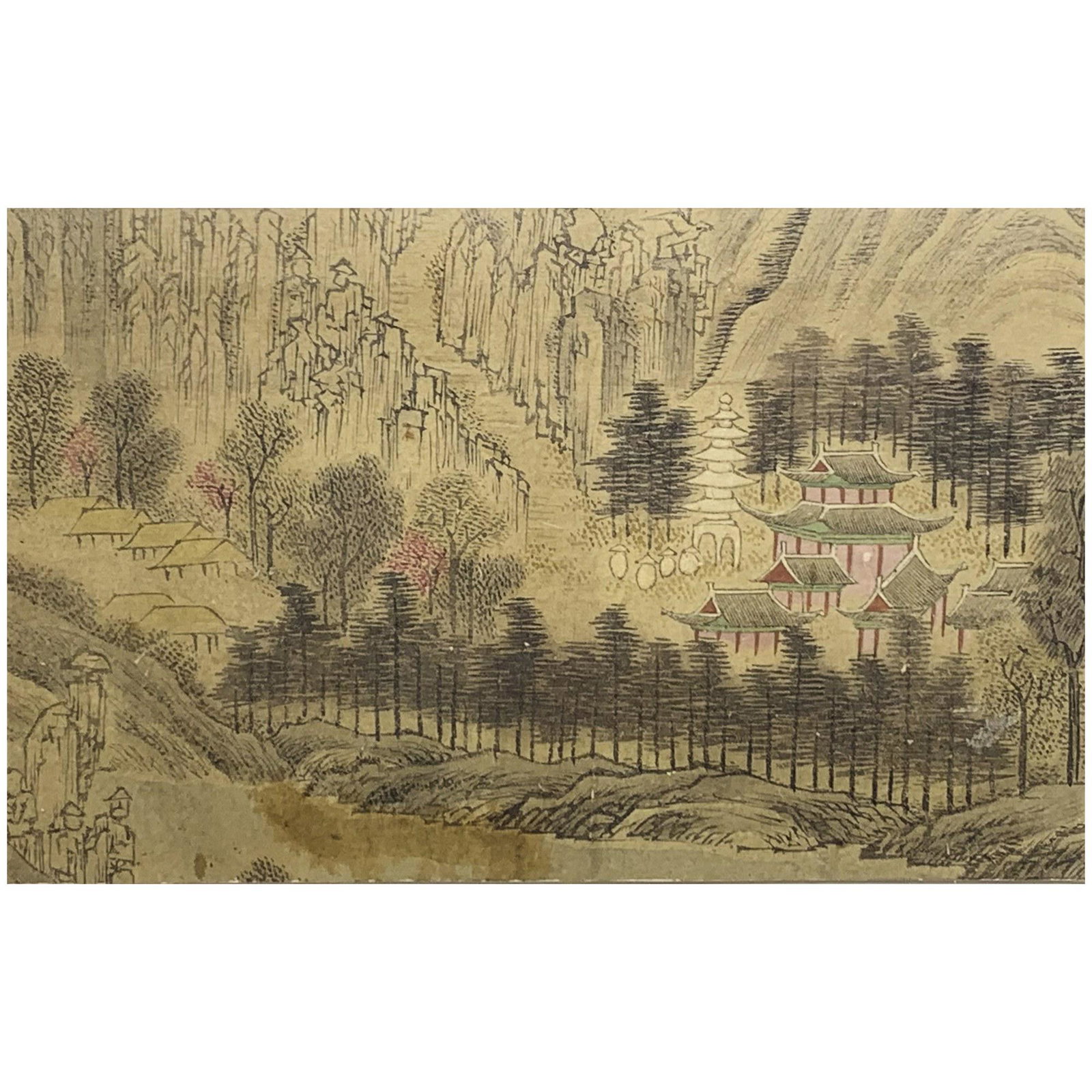 A KOREAN PAINTING OF LANDSCAPE: Ink and color on silk, mounted and framed. 28.5x17.5cm