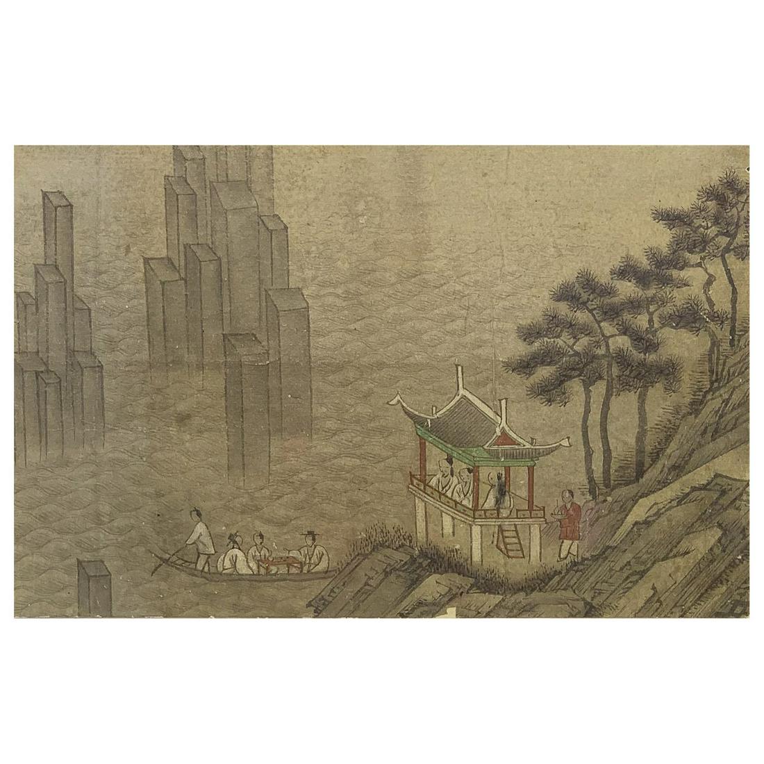 A KOREAN PAINTING OF LANDSCAPE: Ink and color on silk, mounted and framed. 28.5x17.5cm