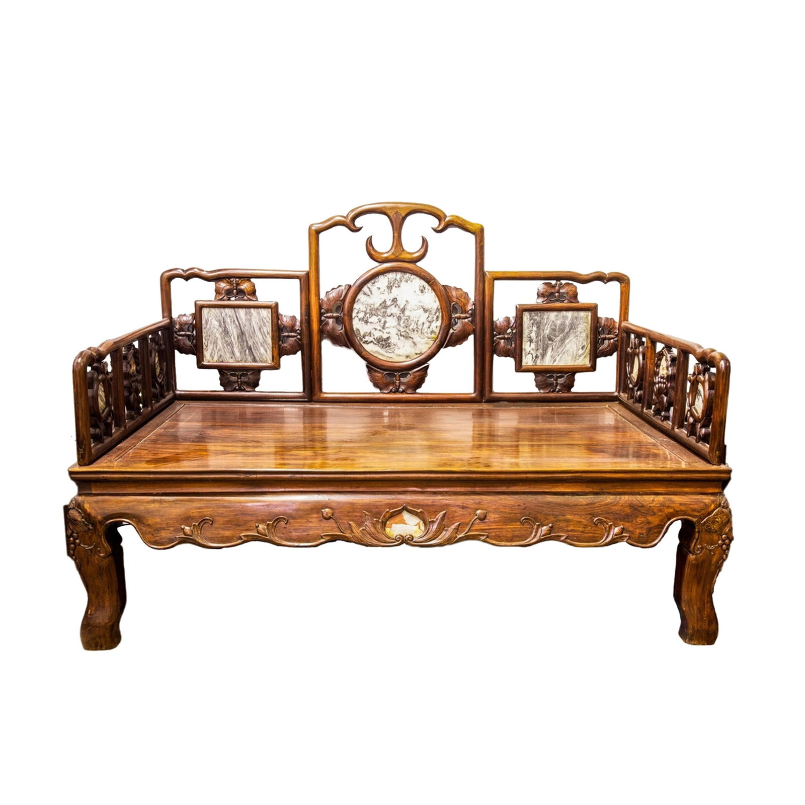 A LARGE HARDWOOD CHINESE LUOHAN BED, QING DYNASTY (Y): A large and impressive hardwood Luohanchuang, the back and arms of the bed built with scrolling latticed panels and framed the dream stone marble panel centering the back and side rest. The floating t