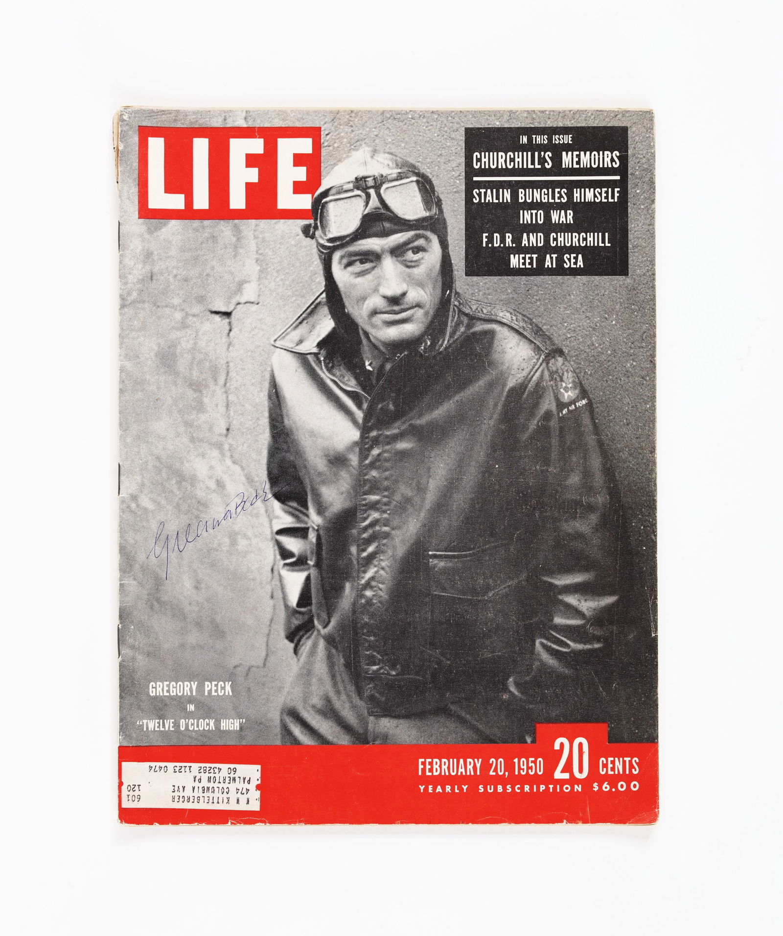 GREGORY PECK LIFE MAGAZINE (FEBRUARY 1950) BEARING SIGNATURE: LIFE magazine dated February 20, 1950. Cover features Gregory Peck in 'Twelve O'Clock High'. Bears a signature in blue ink reading 'Gregory Peck'. Note: This cover commemorates one of Gregory Peck's m