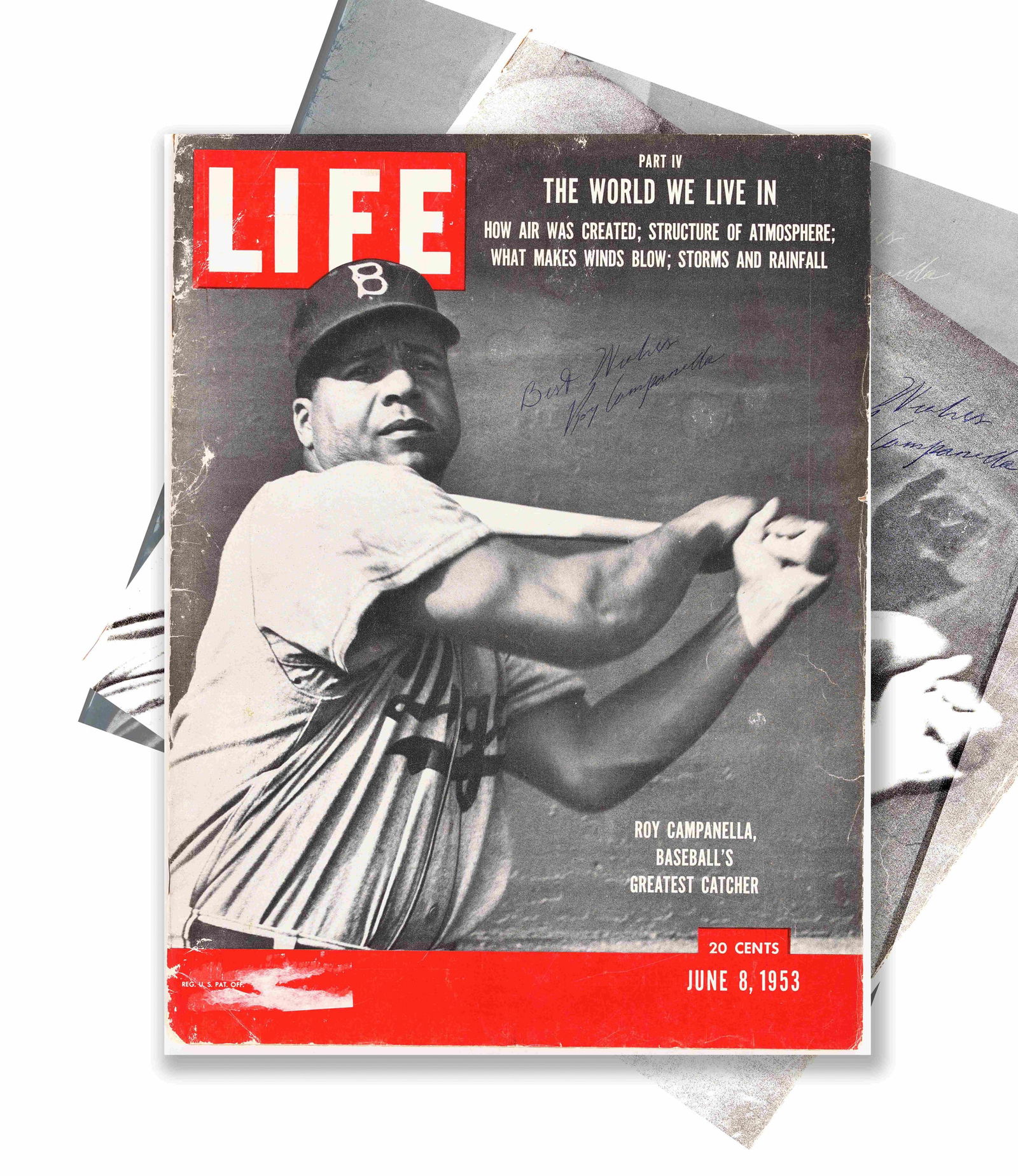 ROY CAMPANELLA LIFE MAGAZINE (JUNE 1959) BEARING SIGNATURE AND INSCRIPTION: LIFE magazine dated June 8, 1959. Cover bears a signature in blue fountain pen reading 'Roy Campanella' with inscription 'Best Wishes'. Note: Roy Campanella was a legendary catcher in Major League Bas