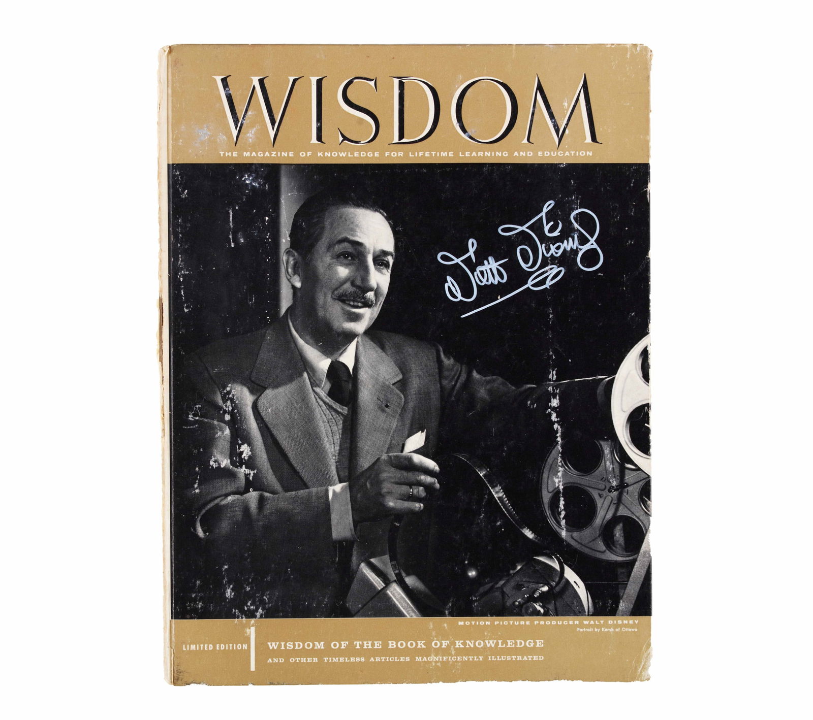 WALT DISNEY WISDOM MAGAZINE (DECEMBER 1959) BEARING SIGNATURE: Limited Hardcover Edition of Wisdom Magazine (Volume 32, December 1959). Cover features portrait of Walt Disney. Bears a signature reading 'Walt Disney'. Note: Published in December 1959, this specifi