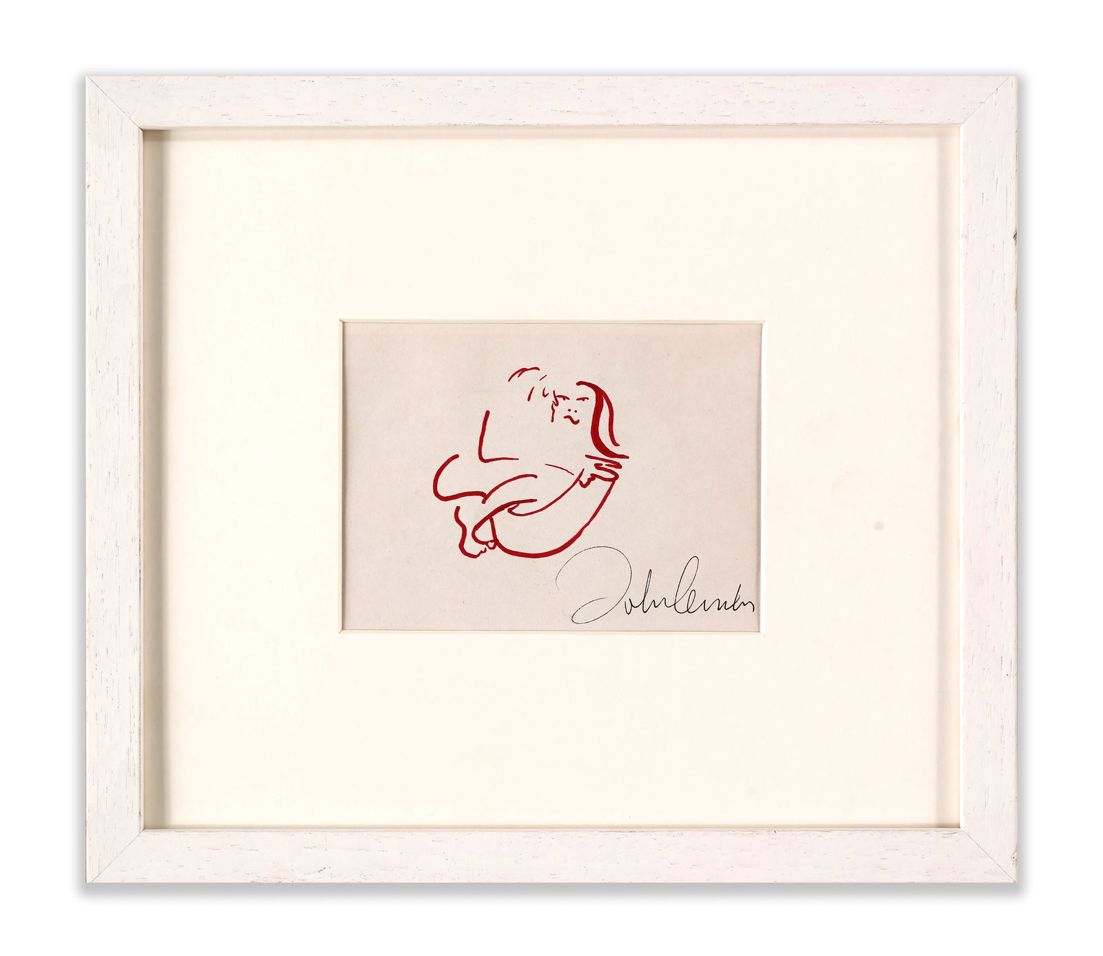 JOHN LENNON DRAWING 'JOHN AND YOKO' BEARING SIGNATURE: Original drawing on paper depicting John and Yoko in red line. Bears a signature in graphite reading 'John Lennon'. Dimensions: Image size: 10 x 12 cm. Note: The subject and pared-back linear handling
