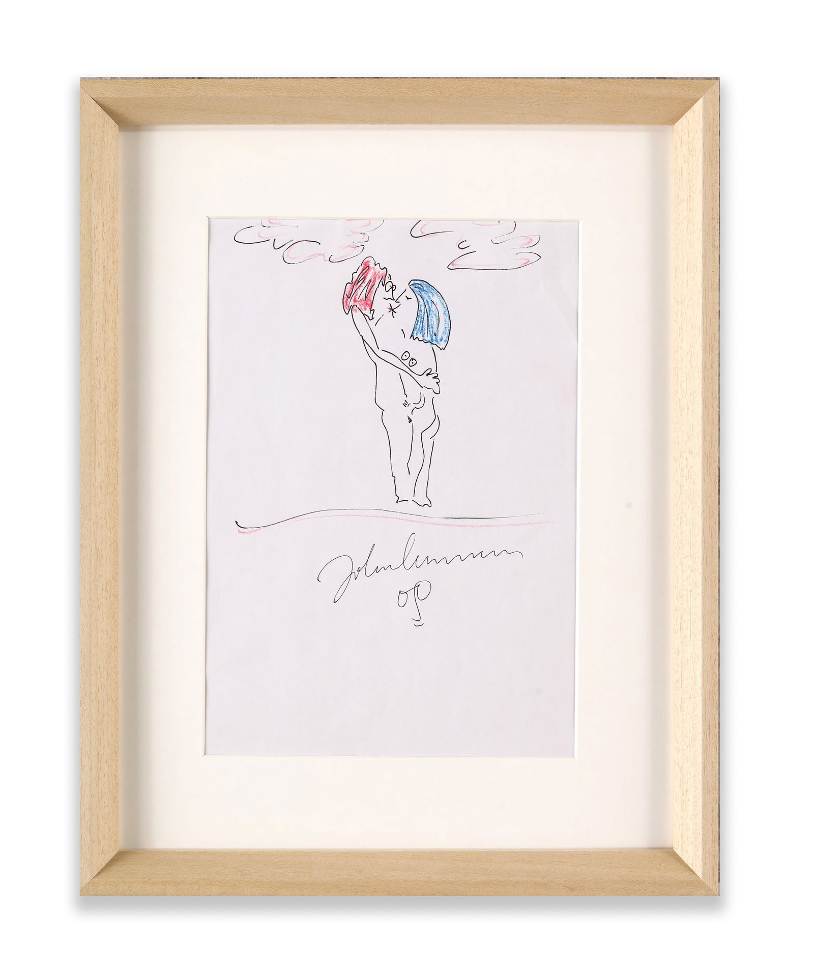 JOHN LENNON DRAWING 'JOHN AND YOKO' BEARING SIGNATURE: Drawing depicting two figures in embrace. Bears a signature reading 'John Lennon'. Dimensions: Image size: 11 x 28 cm. Note: As a signed, personal work on paper, the drawing aligns with Lennon's most