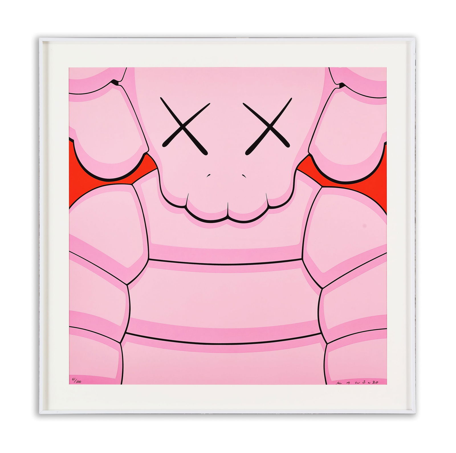 KAWS, ATTRIBUTED TO, SCREENPRINT 'CHUM' (PINK): Screenprint in colors. Features a close-up composition of the character Chum rendered in shades of pink against a red background. The figure bears the artist's signature 'X' eyes. Bears a signature re