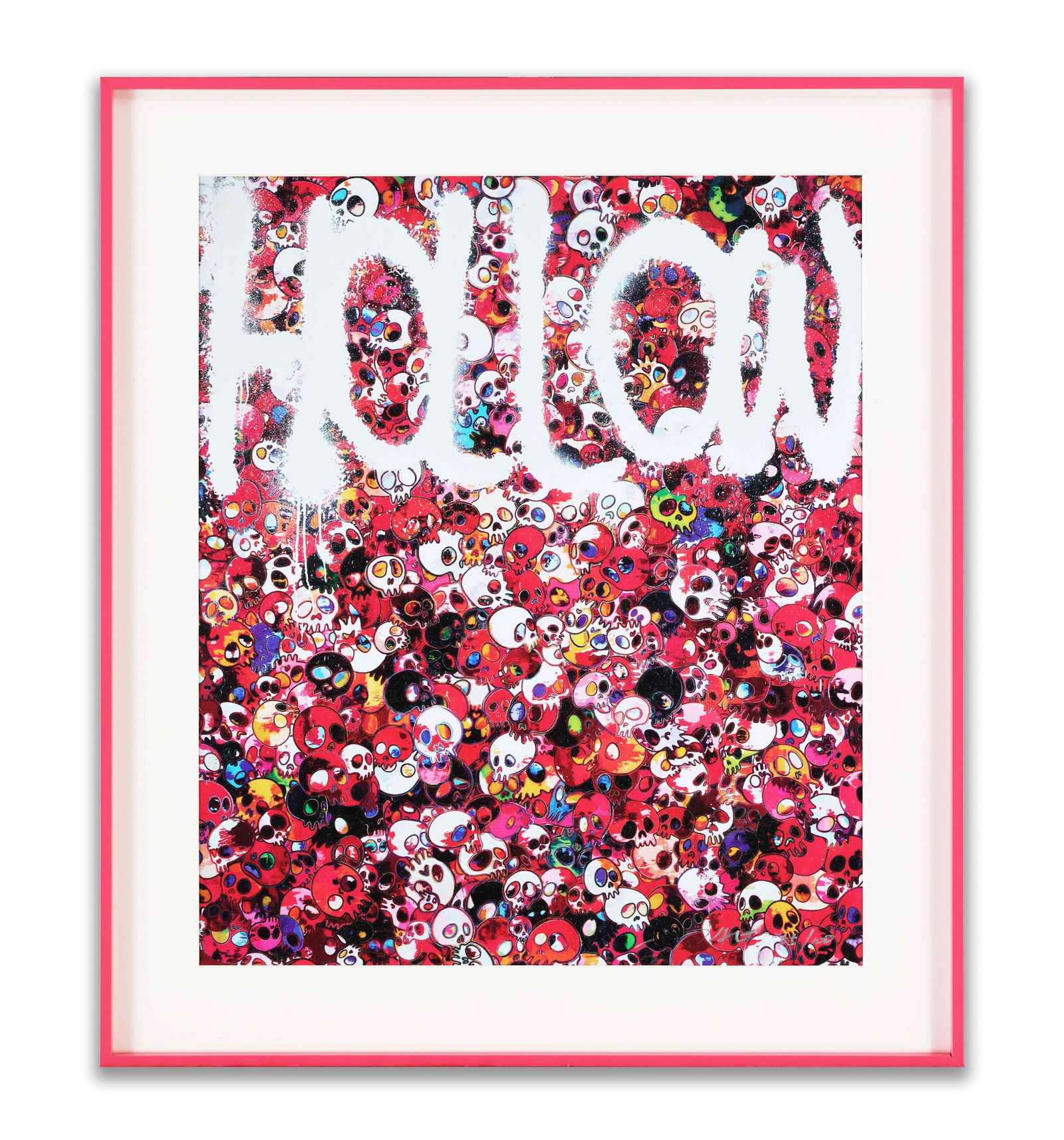 TAKASHI MURAKAMI, ATTRIBUTED TO, OFFSET LITHOGRAPH 'HOLLOW': Offset lithograph. Features the word "HOLLOW" painted in large white graffiti-style letters with drip effects. Set against a background densely populated with colorful skulls, predominantly in red, bl