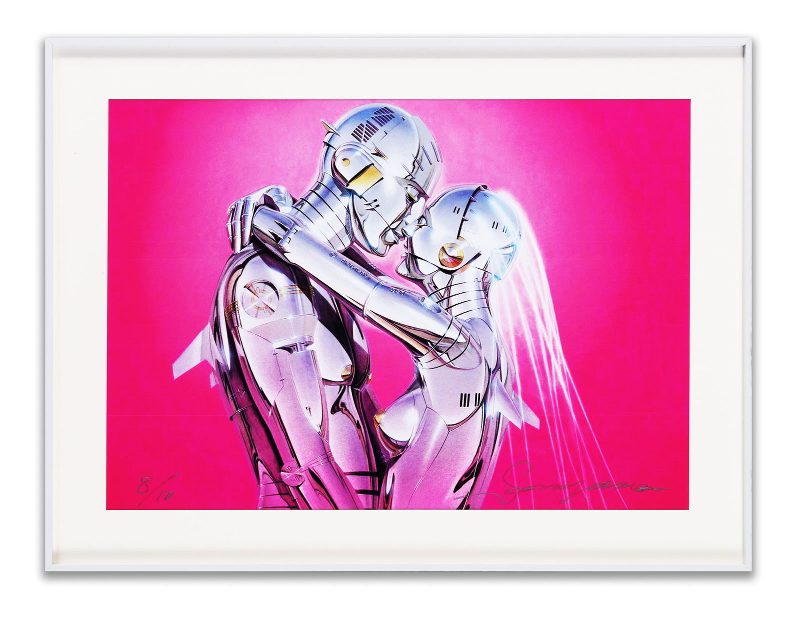 SORAYAMA HAJIME, ATTRIBUTED TO, OFFSET LITHOGRAPH 'ROBOT EMBRACE': Offset lithograph. Features a romantic illustration of two metallic humanoid robots embracing against a vibrant hot pink background. The female figure features glowing hair-like filaments. Bears a sig