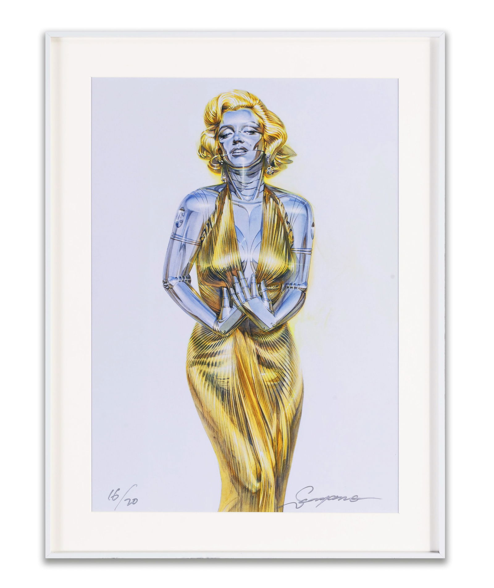 SORAYAMA HAJIME, ATTRIBUTED TO, OFFSET LITHOGRAPH 'ROBOT MARILYN MONROE': Offset lithograph. Features a metallic robotic interpretation of Marilyn Monroe, wearing a shimmering gold pleated dress. The figure combines the icon's classic likeness with Sorayama's signature chro