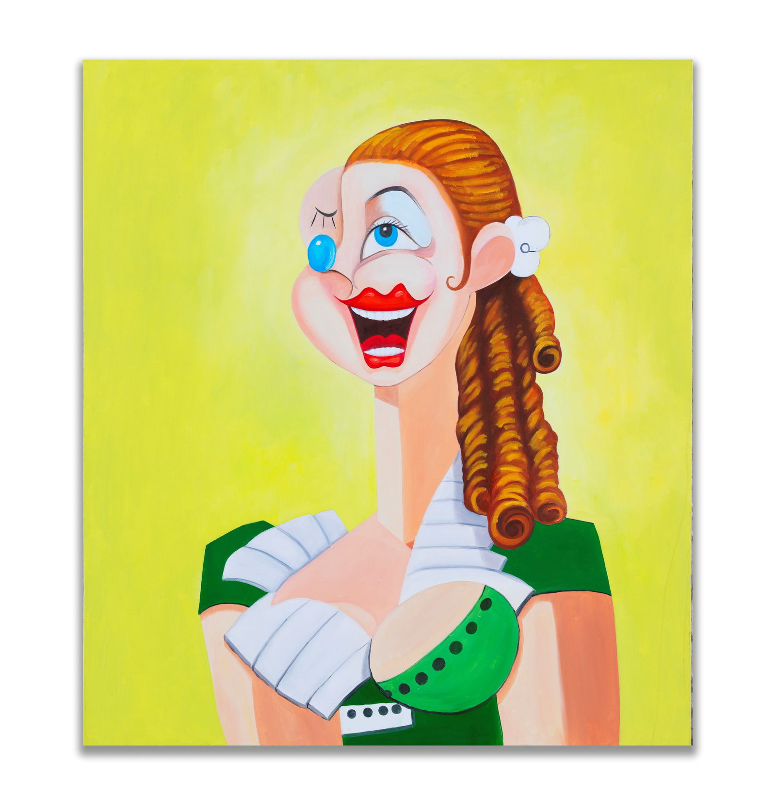 GEORGE CONDO, ATTRIBUTED TO, ACRYLIC ON CANVAS: Acrylic on canvas. Portrait of a female figure with distorted features on a yellow background. Dimensions: Image size: 101.5 x 89 cm.