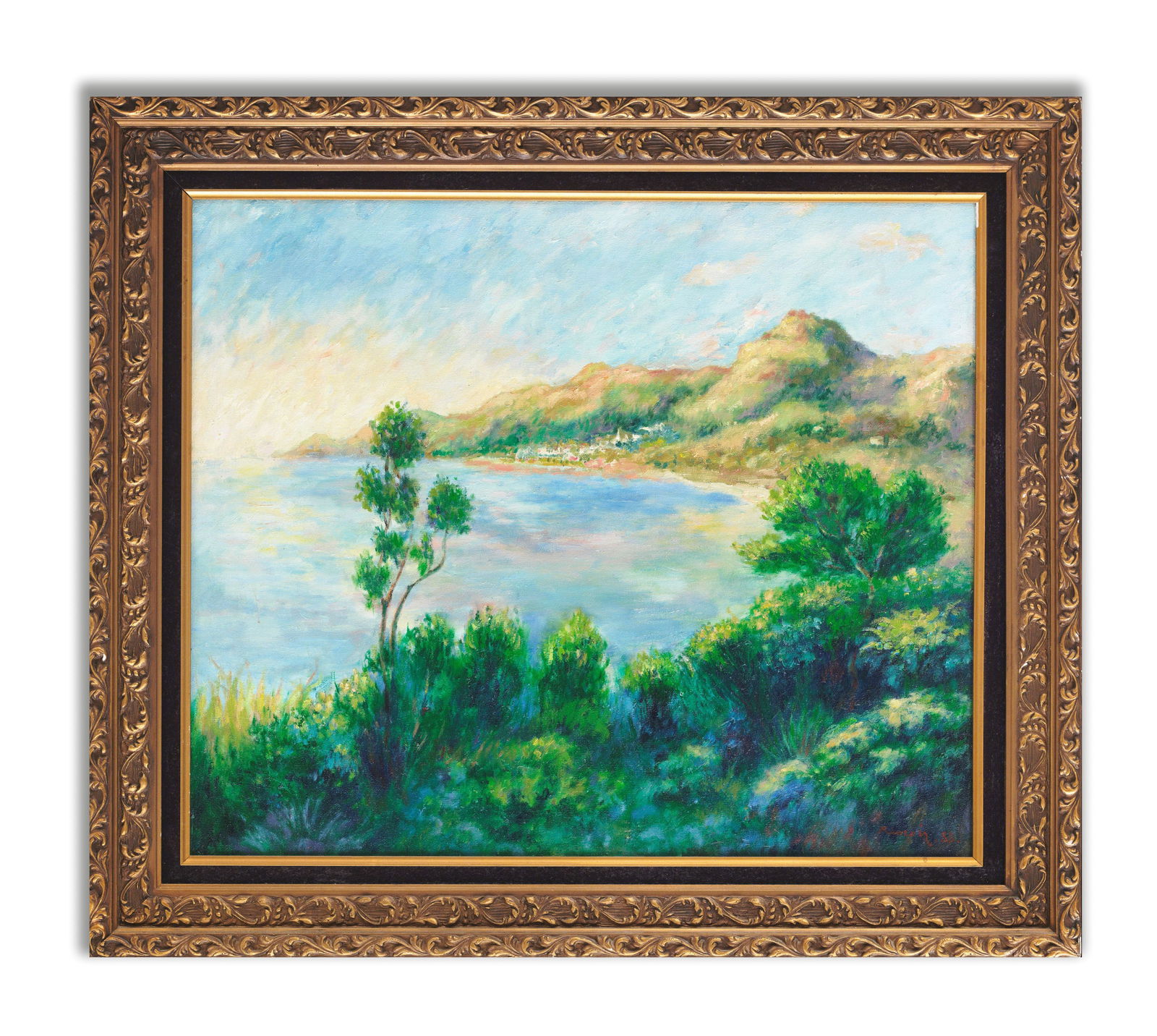 PIERRE AUGUSTE RENOIR, ATTRIBUTED TO, OIL ON CANVAS: Oil on canvas. Landscape overlooking water framed by greenery. Dimensions: Image size: 60.2 x 73.4 cm. Note: Attributed to Pierre-Auguste Renoir, this work reflects the artist's contribution to Impres
