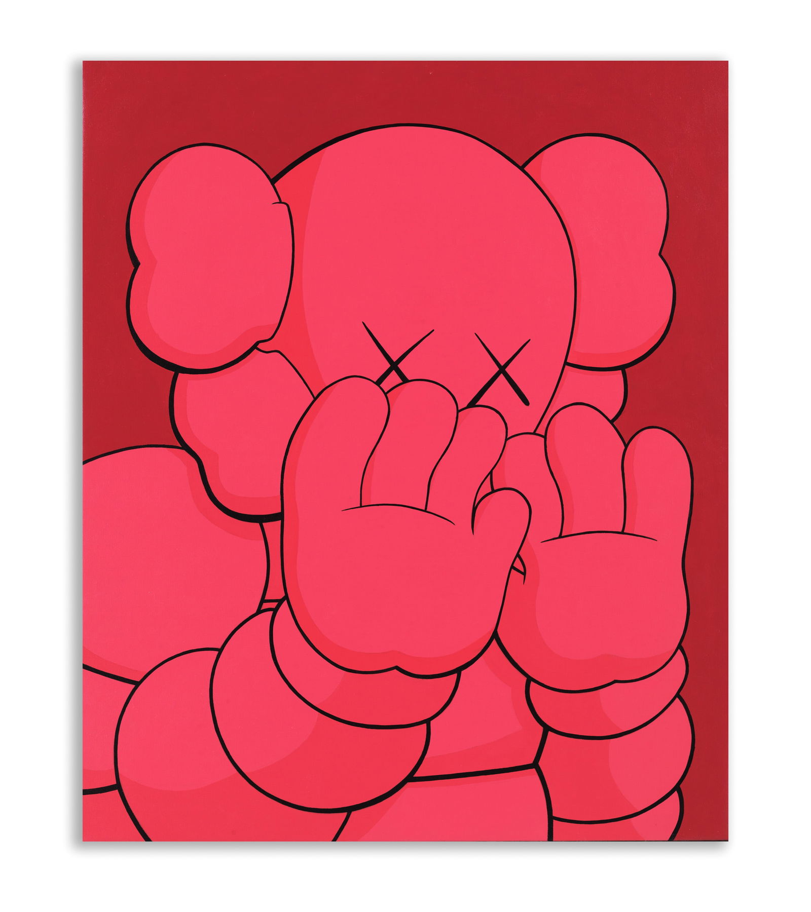KAWS, ATTRIBUTED TO, ACRYLIC ON CANVAS: Acrylic on canvas. Features a Companion figure covering its face in pink tones against a red ground. Dimensions: Image size: 79.5 x 66 cm.