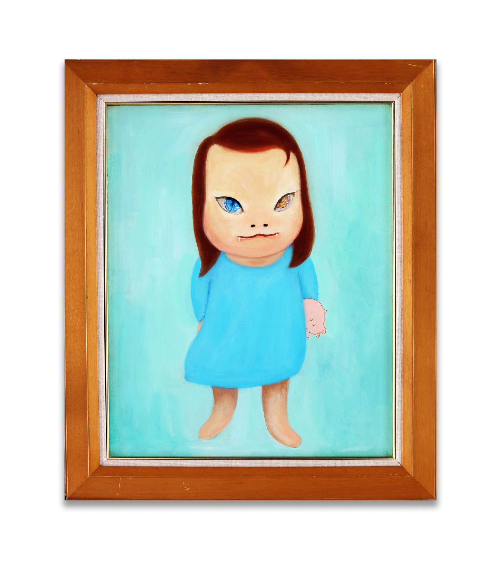 YOSHITOMO NARA, ATTRIBUTED TO, ACRYLIC ON CANVAS: Acrylic on canvas. Portrait of a girl with heterochromia in a blue dress against a green background. Dimensions: Image size: 65.2 x 53.2 cm. Note: Yoshitomo Nara stands as a titan of Japanese Neo-Pop