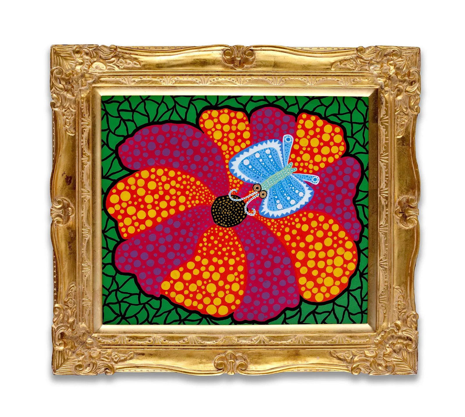 YAYOI KUSAMA, ATTRIBUTED TO, ACRYLIC ON CANVAS: Acrylic on canvas. Features a flower with polka dots and a blue butterfly at the center against a green net pattern background. Dimensions: Image size: 45.5 x 52.7 cm. Note: Flowers and butterflies ar