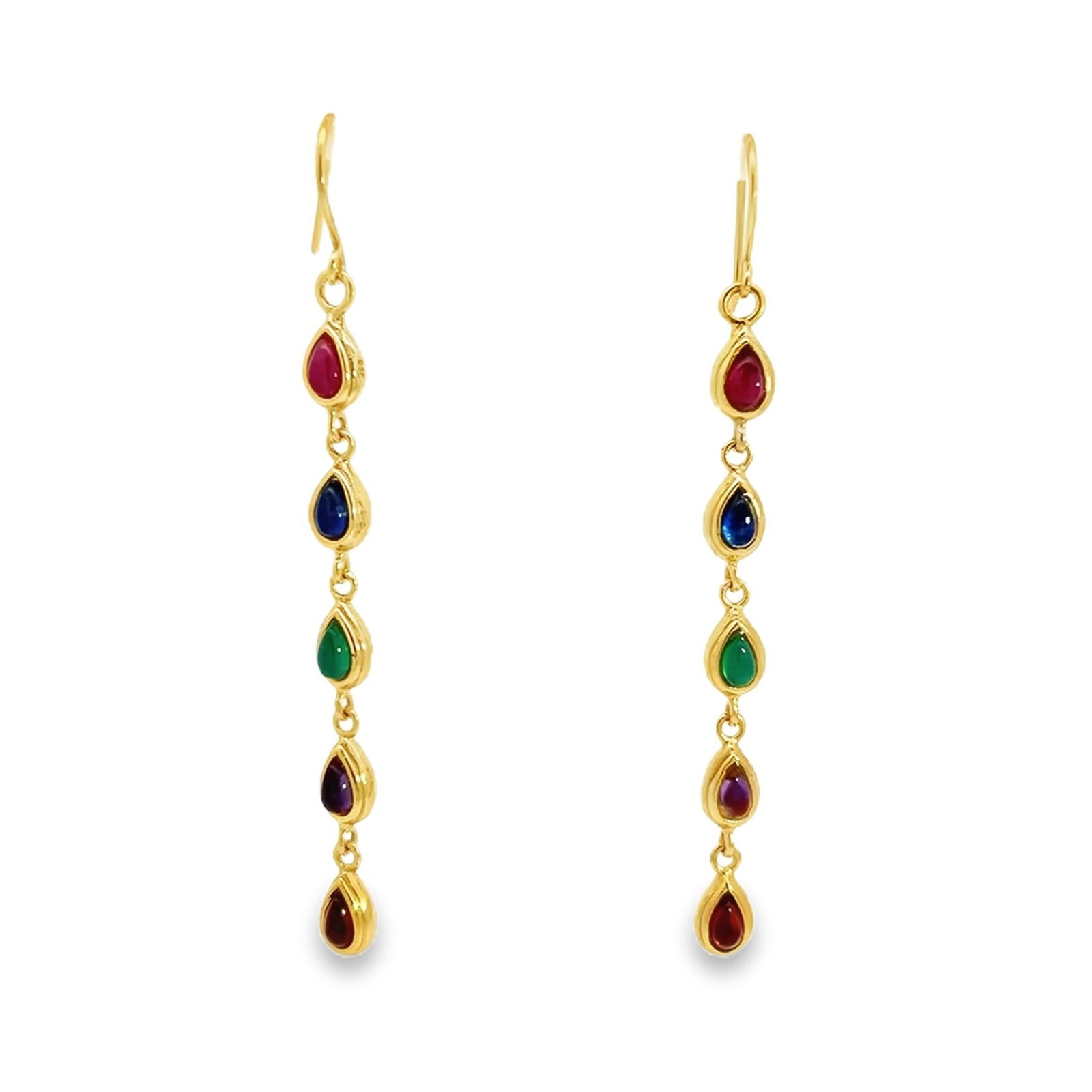 RUBY, SAPPHIRE, EMERALD AND AMETHYST EARRINGS: (lot of 2) Pair of tangling earrings with assorted leaf-shaped Ruby, Sapphire, Emerald & Amethyst gemstones. Overall: 0.16"h x 0.16"w x 2.91"l (0.4 x 0.4 x 7.4 cm) (x2)