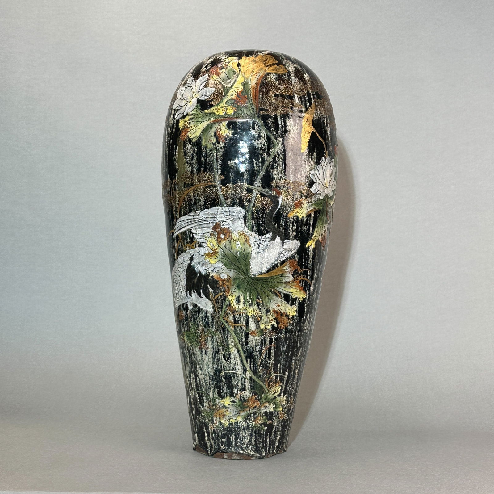 JAPANESE STUDIO PORCELAIN VASE OF LOTUS CRANE SCENE: Japanese studio porcelain vase of lotus crane scene, Meiji period. Early Kozan studio porcelain. Dimensions: Height: 23.5 in. Note: This item is in New York, where it can be shipped from.