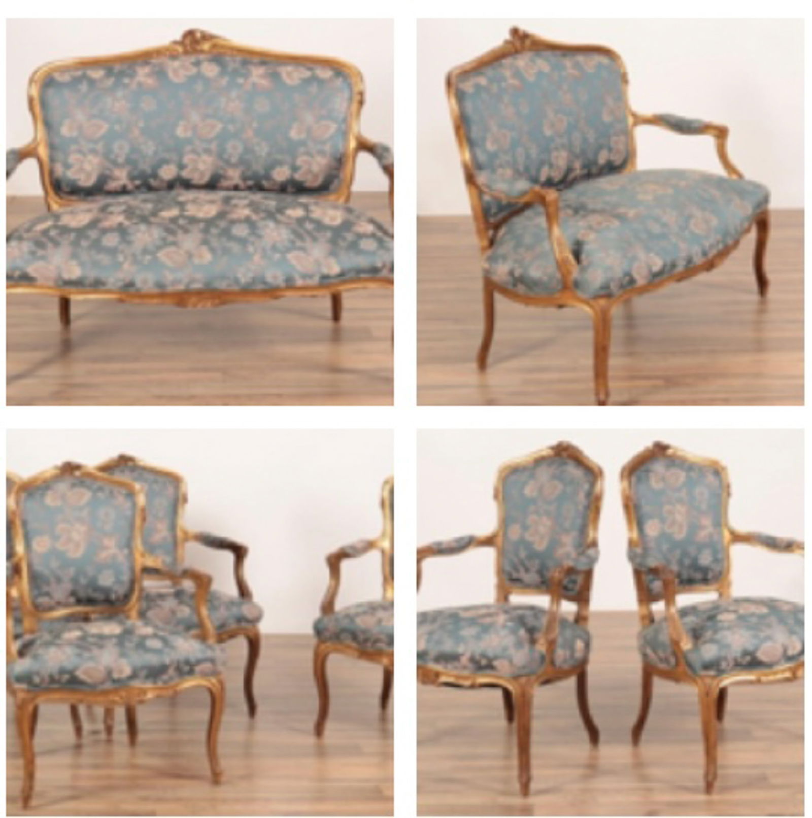 SET OF FRENCH GILTWOOD CANAPE AND ARMCHAIRS: Set of French giltwood canape and armchairs, 19th century. Comprising one canape and four chairs, area of losses of gold lacquer. Dimensions: Largest: Height: 38.25 in. Width: 48.5 in. Depth: 28 in. N