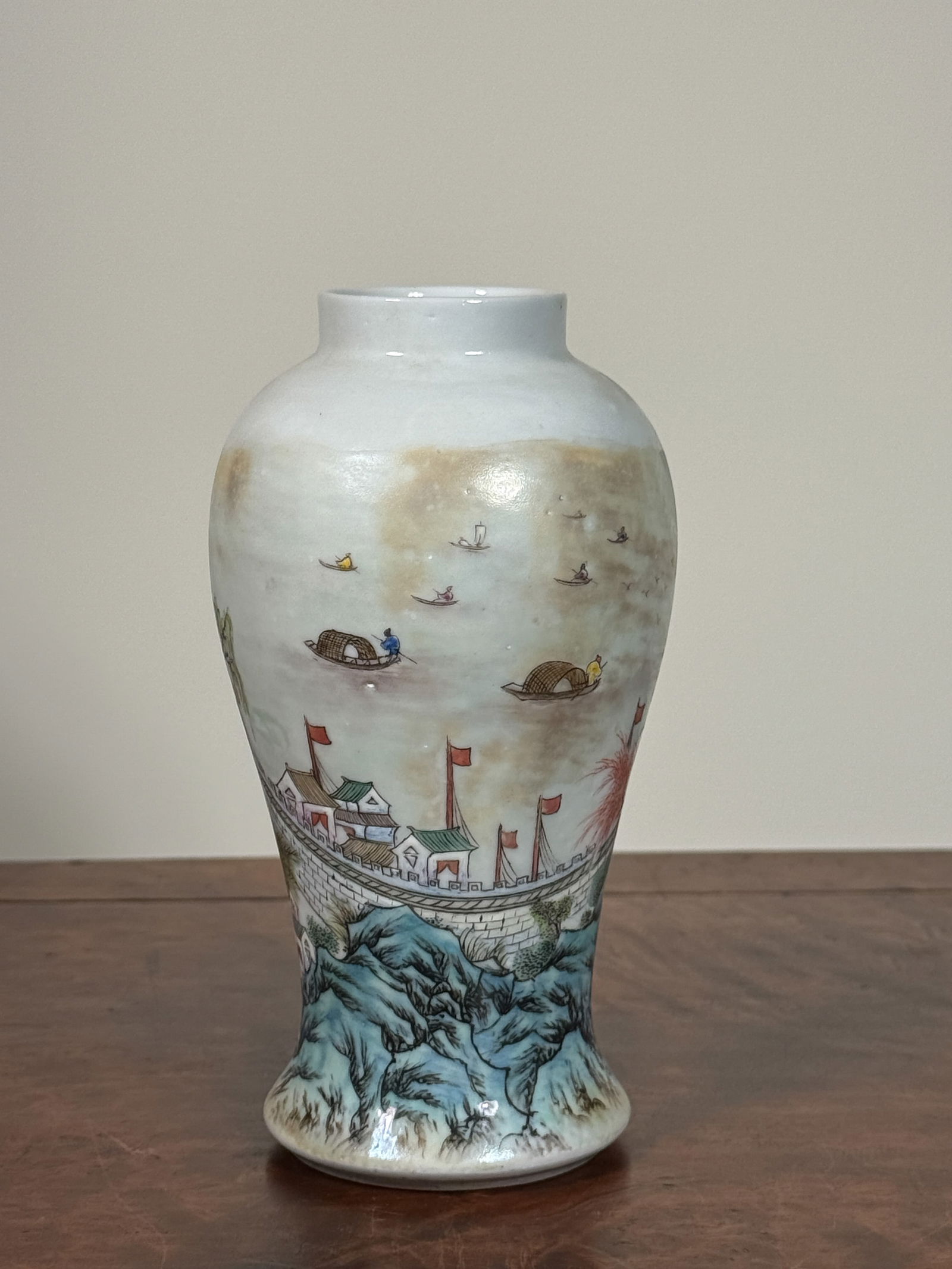CHINESE PORCELAIN VASE WITH BOAT SCENE: Chinese porcelain vase with boat scene. Dimensions: Height: 6.75 in. Note: This item is in New York, where it can be shipped from.