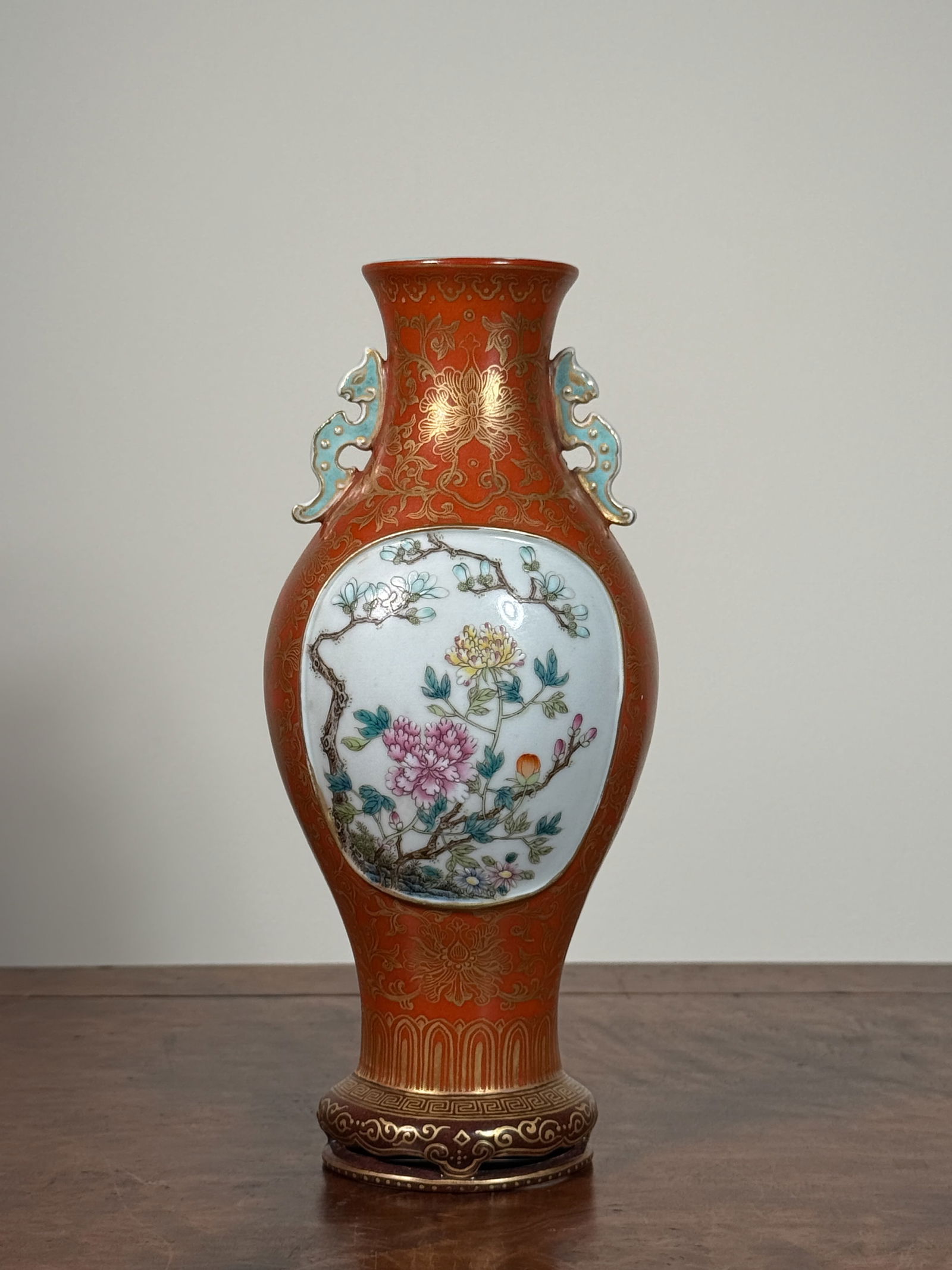 CHINESE PORCELAIN WALL VASE: Chinese porcelain wall vase of Famille Rose decoration. Dimensions: Height: 8.25 in. Note: This item is in New York, where it can be shipped from.