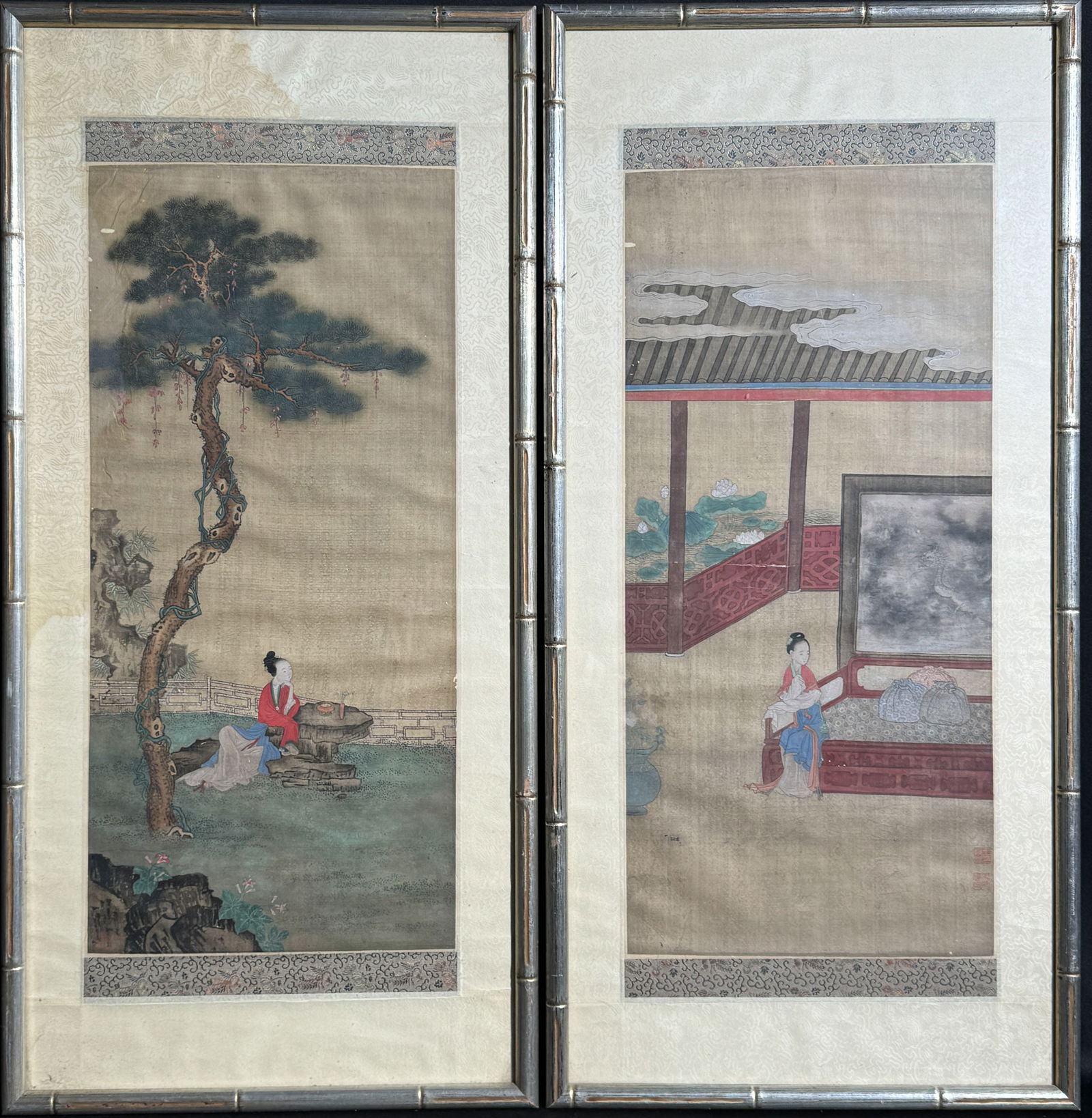 PAIR CHINESE QING COURT PAINTING OF LADY IN GARDEN (1 of 14)