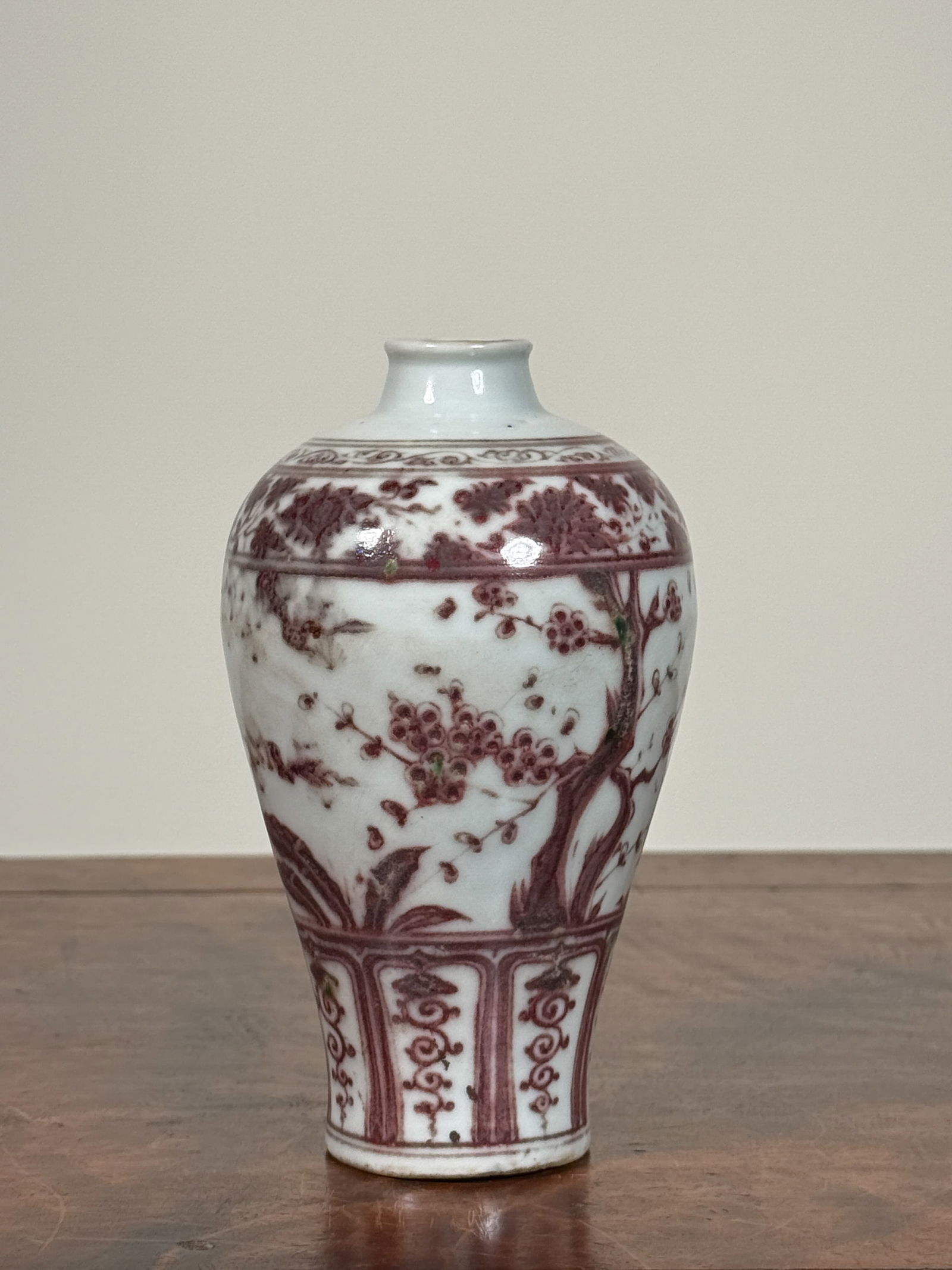 CHINESE UNDERGLAZE COPPER RED PORCELAIN MEIPING: Chinese porcelain Meiping with underglaze copper red decoration of trees, unmarked. Dimensions: Height: 5.5 in. Note: This item is in New York, where it can be shipped from.