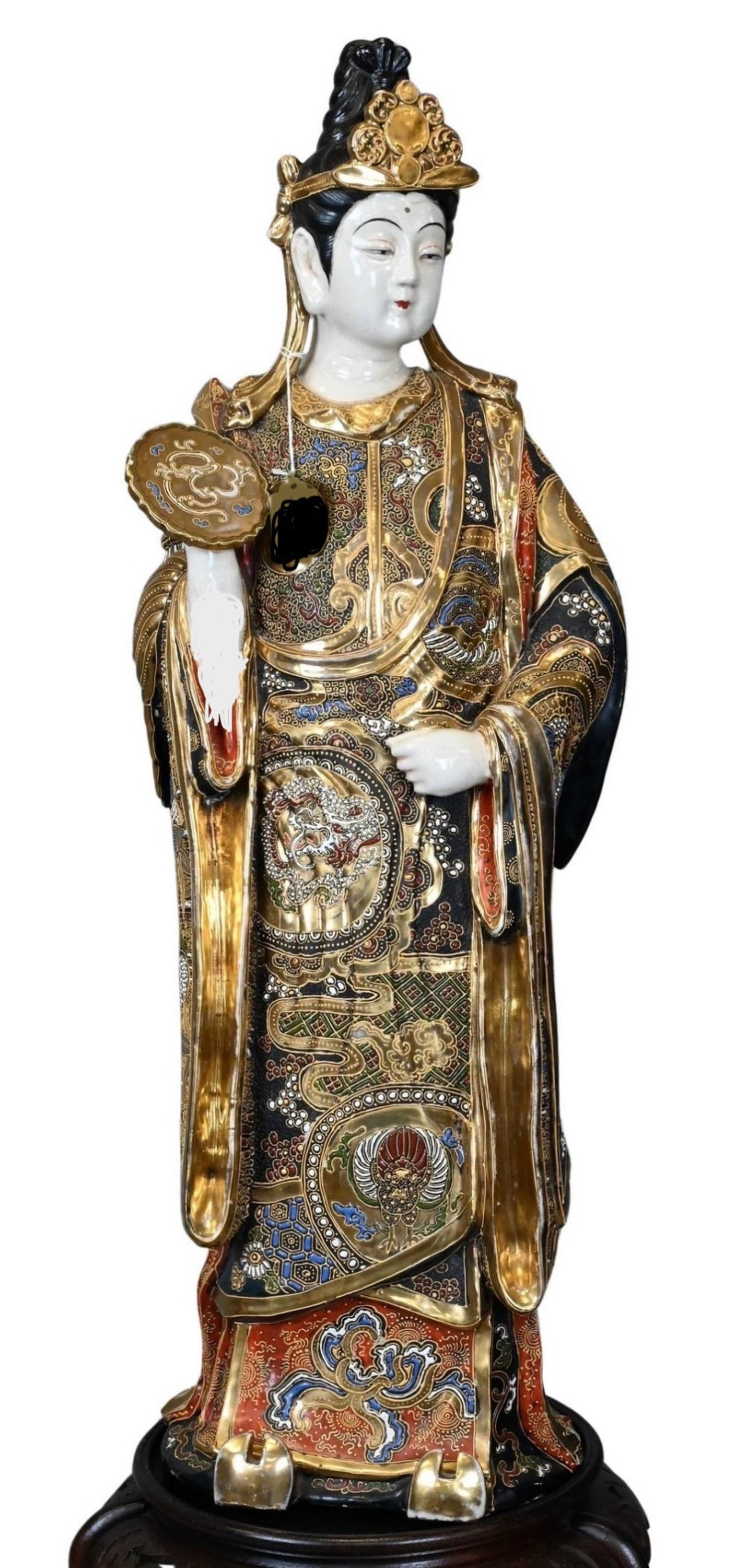 LARGE JAPANESE SATSUMA KUANYIN: Large Japanese Satsuma Kuanyin, Meiji period. Depicted holding mirror in hand. Dimensions: Height: 33 in. Note: This item is in New York, where it can be shipped from.